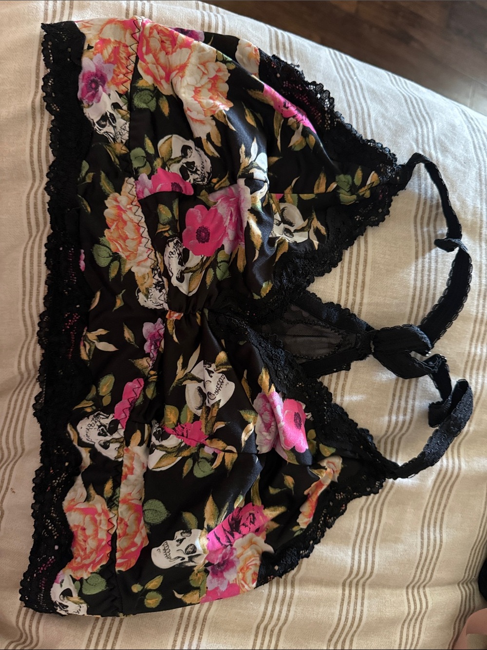 Floral Skull Lace Bralette — Black with Pink & Cream Flowers